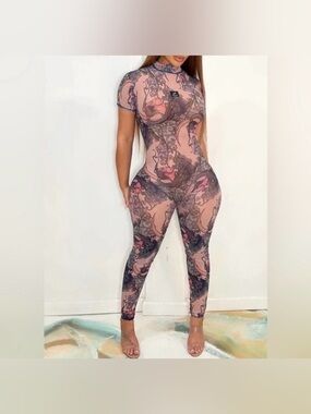 Chic Affair Oriental Printed Mesh Jumpsuit Pink Medium NWOT IN PACKAGE